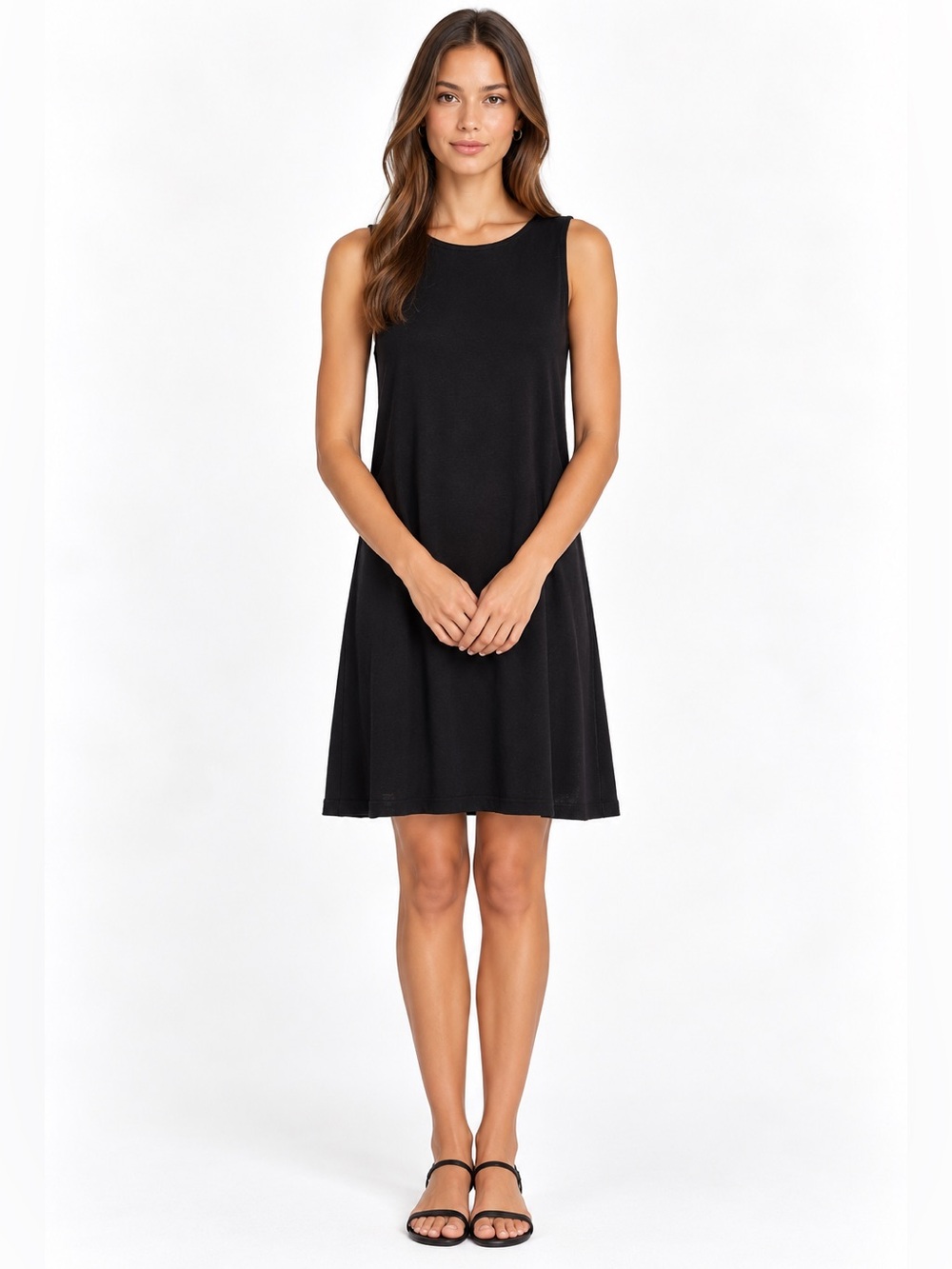 Eileen Fisher wool Black Sleeveless Knit Shift Dress L Minimalist A-Line